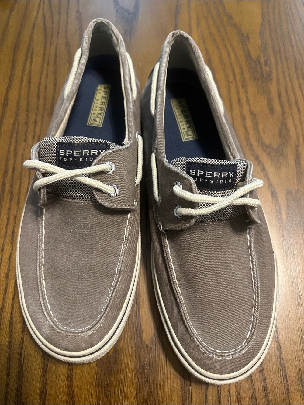 Sperry Men's Taupe Canvas Boat Shoes with Cream Laces